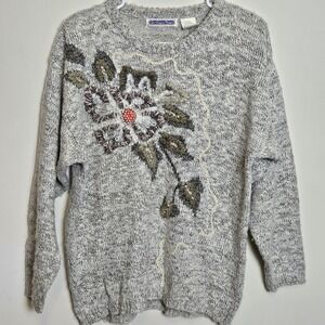 Sky King & Penny Vintage Floral Knit Sweater Gray Beaded Flower M